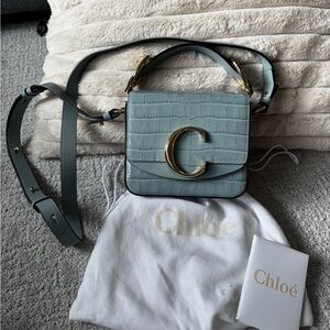 Chloe Blue Croc Embossed Calfskin Leather Mini C Shoulder Bag